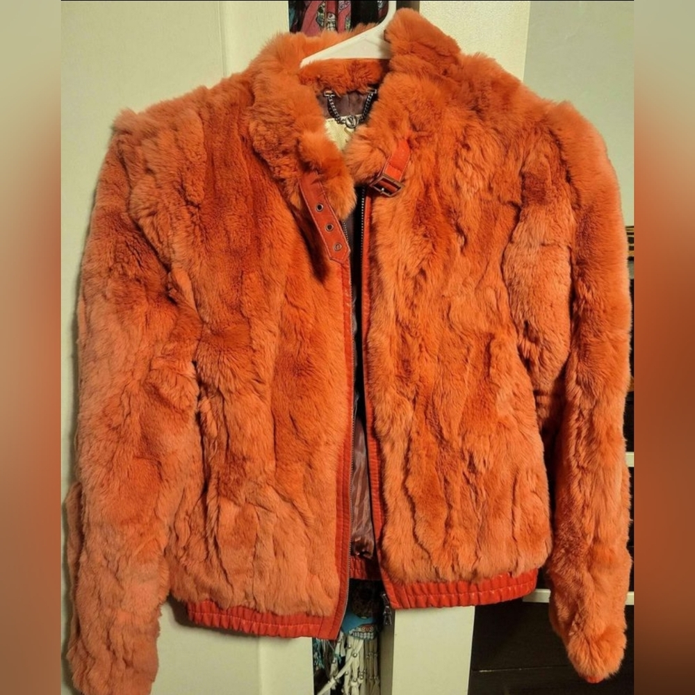 Pink rabbit fur and leather coat
